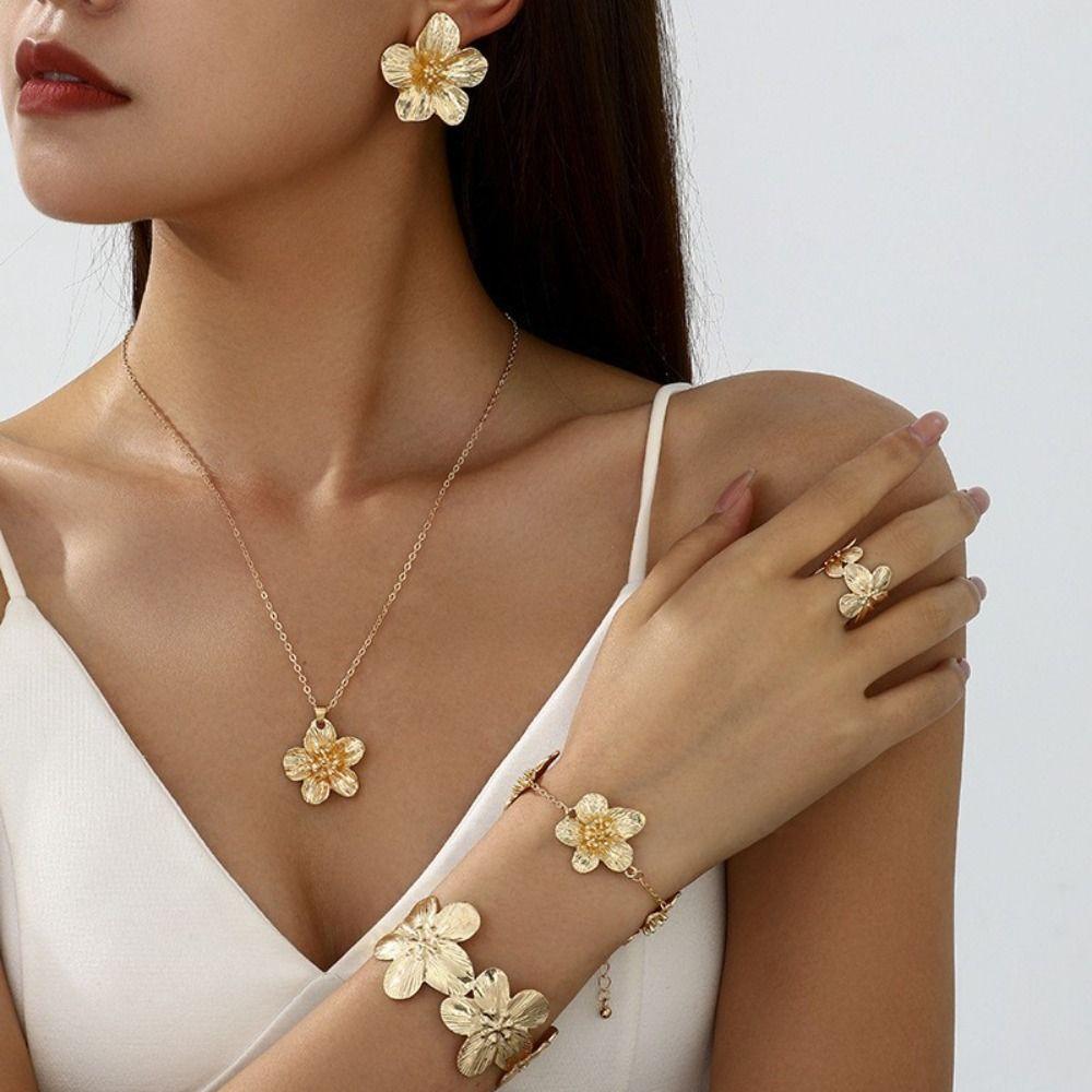 6Pcs Bohemian Style Necklace Earrings Bracelet Set Zinc Zinc Alloy Women Jewelry Suit Flower Jewelry Set Gift