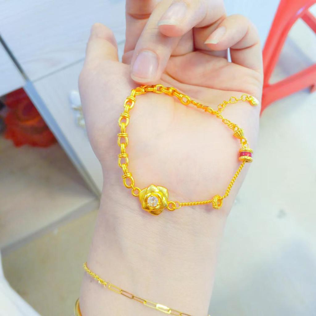 Golden Rose Entwined Bracelet with Rhinestone Ring and Hand-Woven Red Rope Chain Jewelry