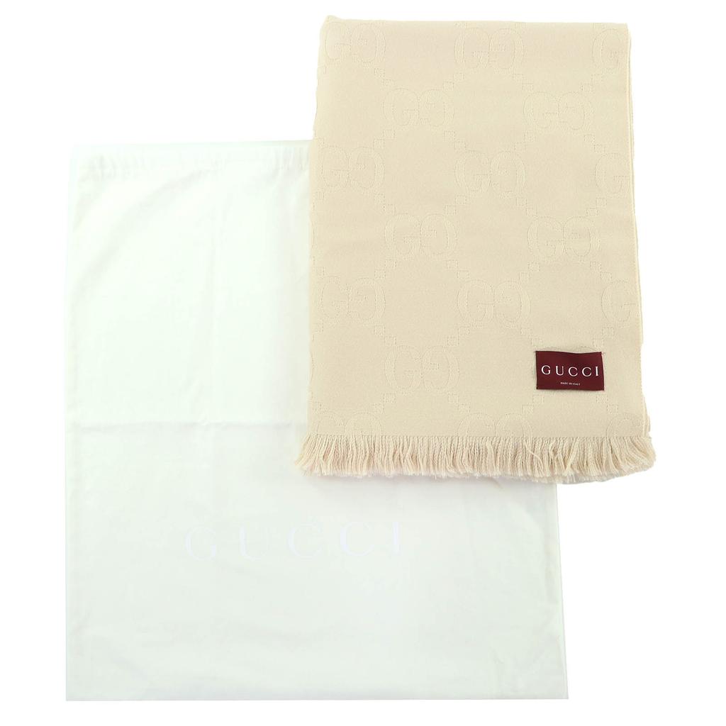 Excellent GUCCI GG Jacquard Fringe Large Shawl Blanket Light Beige Wool 795551 Used
