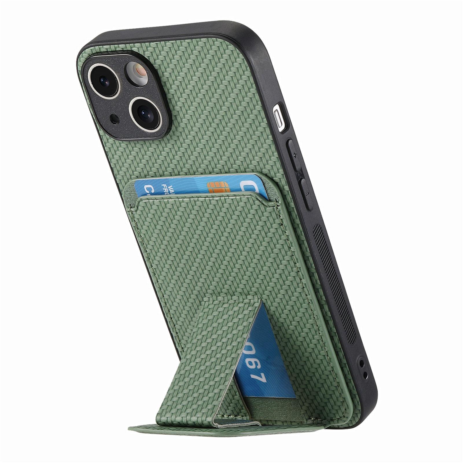 

C1-11 for iPhone 13 6.1 inch Case Leather Coated TPU Phone Protector with Kickstand and Card Slot Green