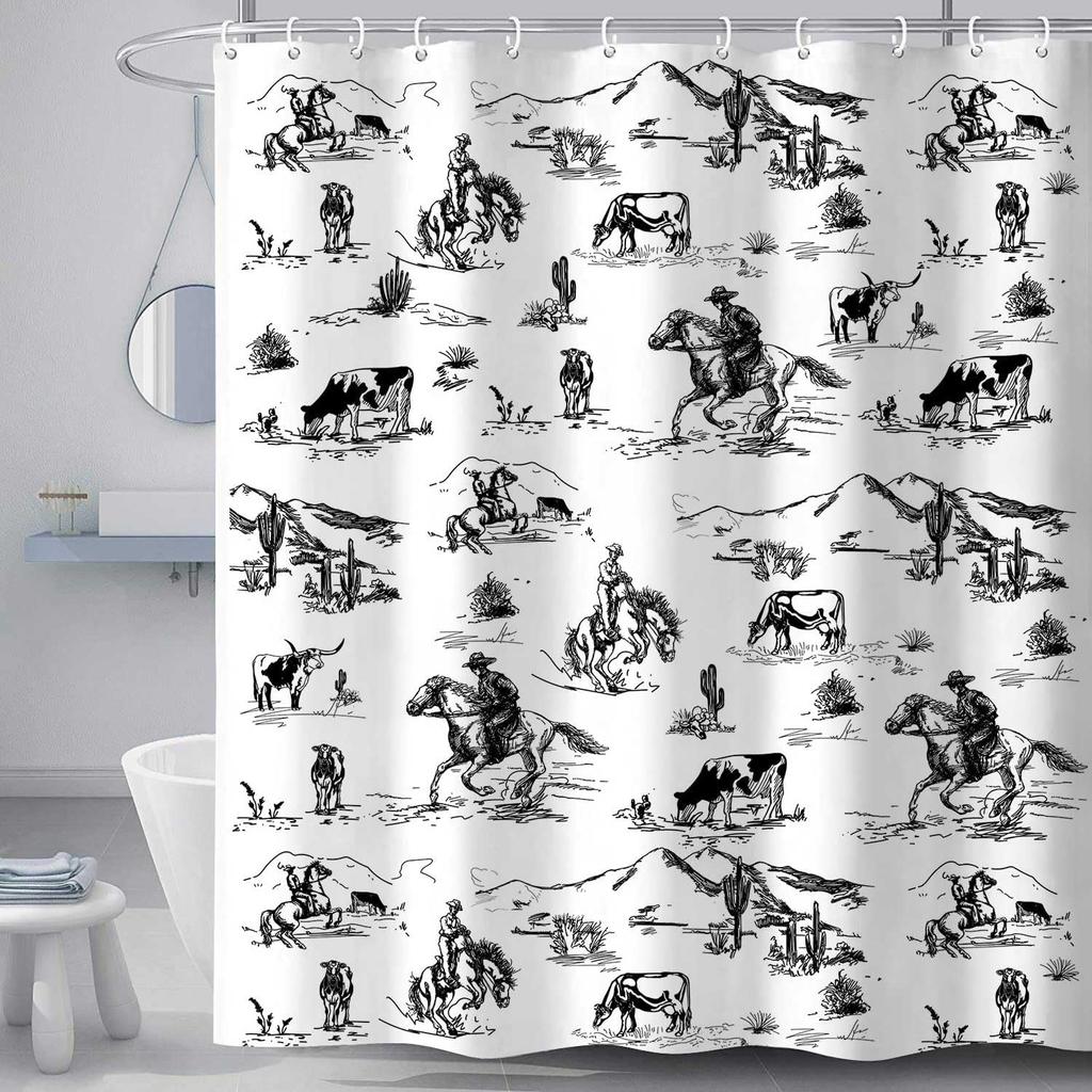 Western Denim Shower Curtain Farmhouse for Bathroom Village Cactus Desert Riding Shower Curtain with Hook 180x180cm