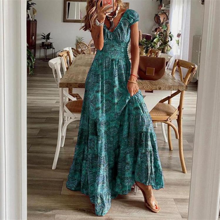 Summer Women Bohemian Retro Print Pattern Beach Dress Loose Long Sleeve Short V Neck High Waist Spring