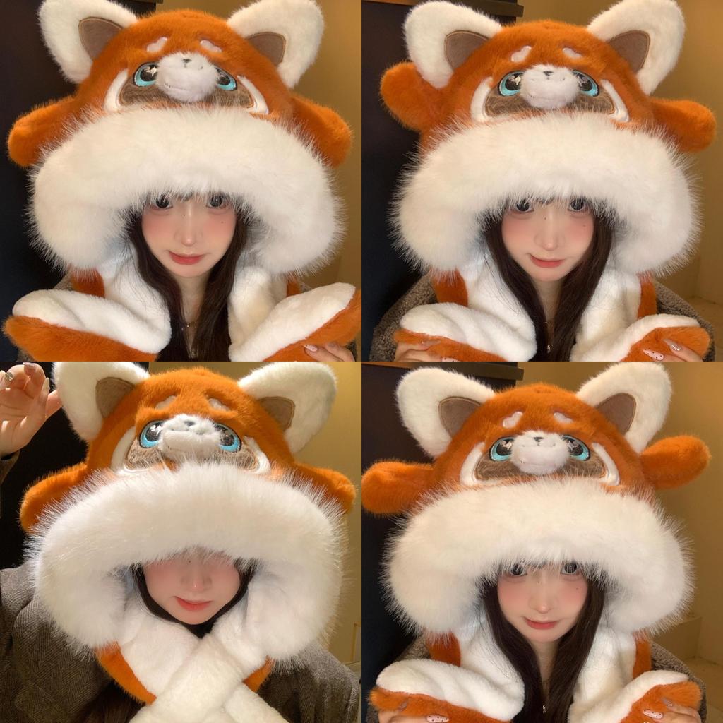 Cute Raccoon Hat Scarf Set With Movable Ears For Women Winter Warmth