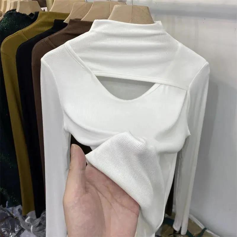 Plus Size Women's Semi-High Neck Hollow Out Long Sleeve T-Shirt for Autumn/Spring