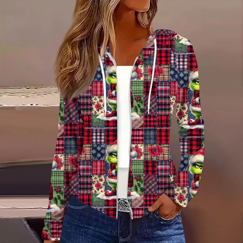 Women's Fashion Christmas Print Casual Zip-Up Long-Sleeved Hooded Jacket