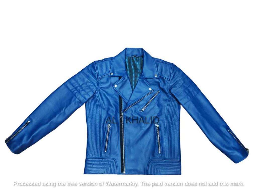 Men's Genuine Soft Lambskin Leather Jacket Blue Handmade Motorcycle Biker Jacket