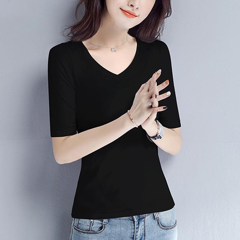 Women's Slimming Fitted T-Shirt: Round, V-Neck, or Mock Neck; Short or Three-Quarter Sleeves; Semi-High Neck Basic Top.