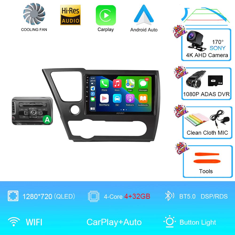 9" QLED 12G 256G Car Radio Android 14 For Honda Civic 9 2013 - 2016 Stereo Wireless Carplay Auto Navigation GPS Multimedia Playe