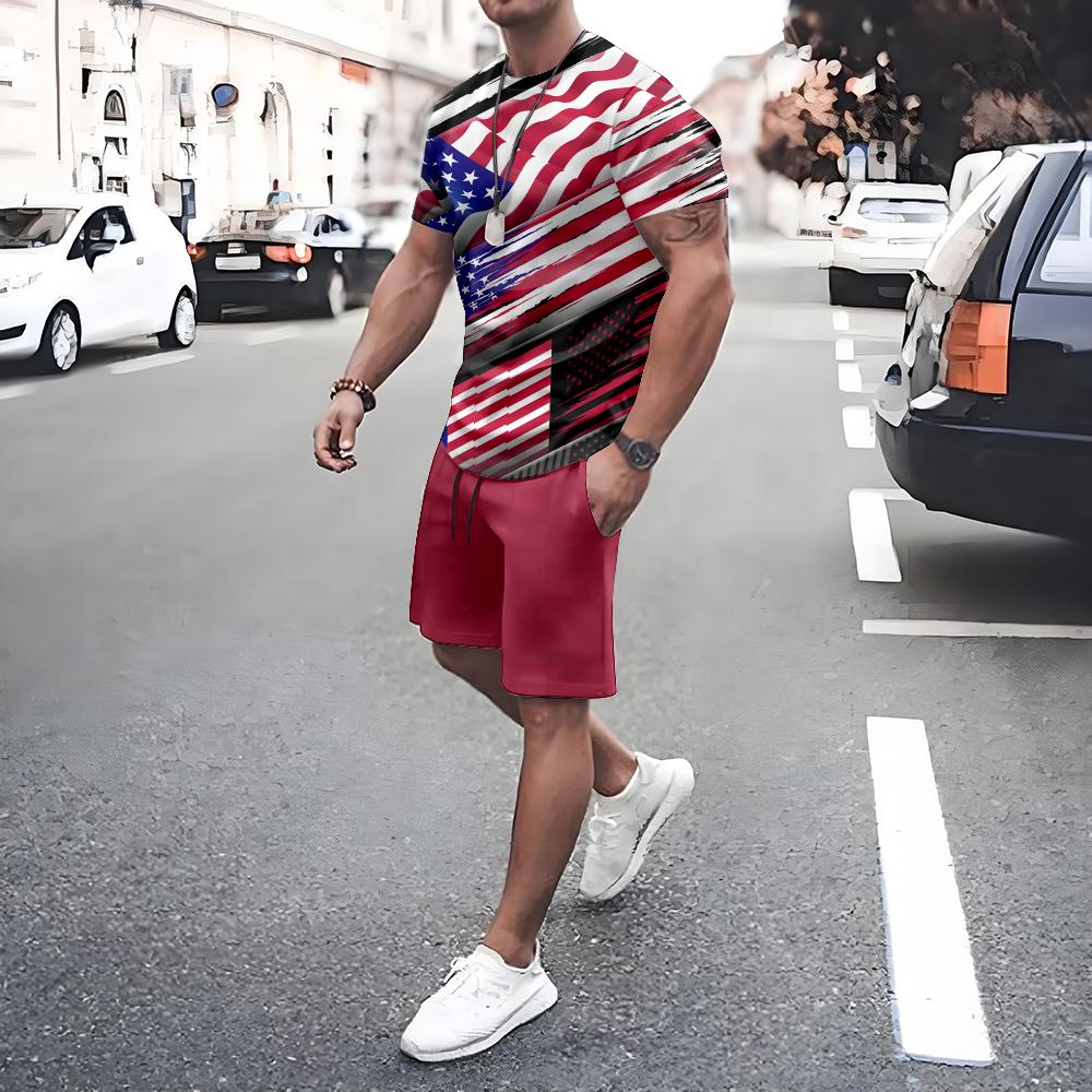 American Flag Print Short Sleeve Tee Shorts Set Casual Men's T-shirt Shorts 2-piece Set Quick Drying Breathable Mesh T Shirt