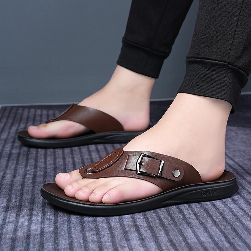 Fashion Men's Flip Flops High Quality Cowhide Leather Slippers Casual Beach Slippers for Men Non-slip Flat Slippers Summer Men's Sandals
