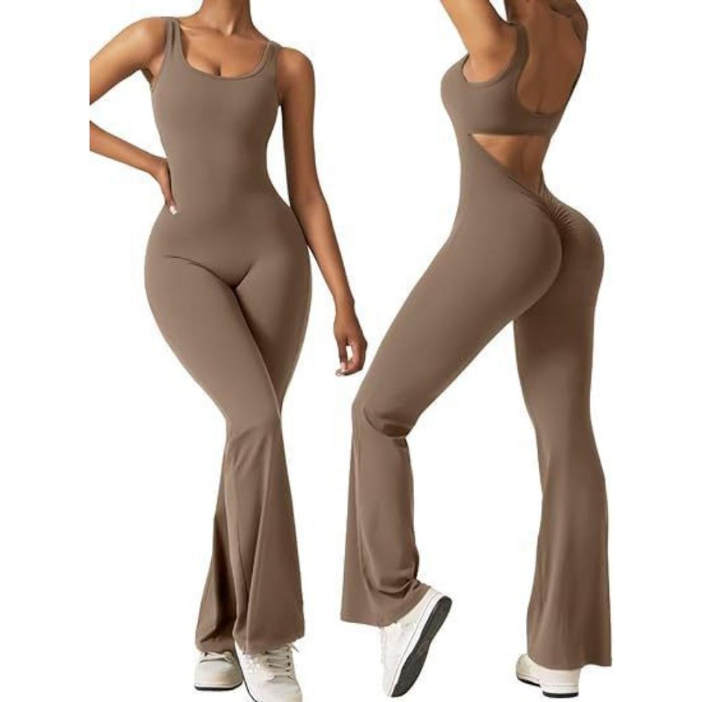 Women's Square Neck Sleeveless Jumpsuit Slim High Waist Back Cutout Flare Yoga Unitard
