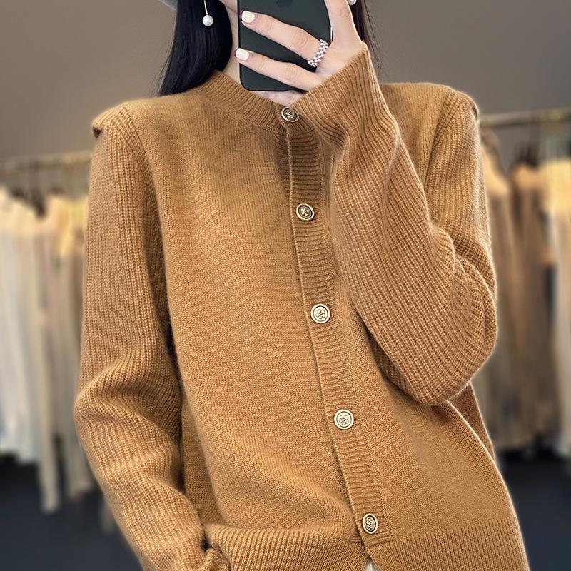 Women's 100% Cashmere Wool Loose Knit Sweater Coat - Round Neck, Spring Cardigan Style.