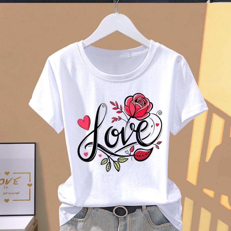 (Asian Size) Letter Flower Trend Short Sleeve T-shirts Women's Top T Clothing Print  Fashion Female Casual O-neck Graphic Tee