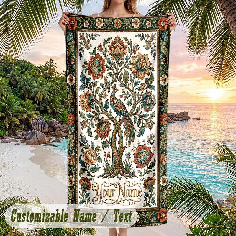 Floral Fantasy Garden 8 Theme Quick Dry Beach Towel Custom Name Text Print Large Sand Resistant Towel Beach Vacation