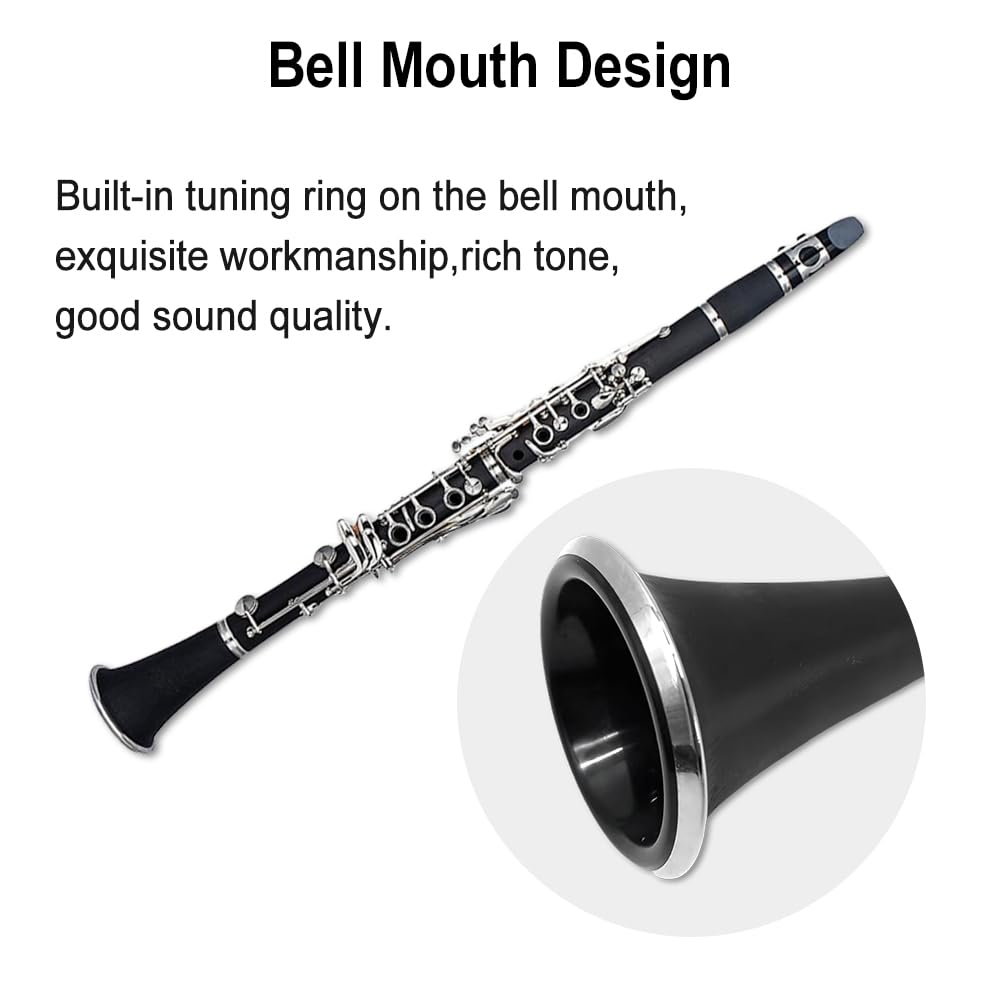 WUQIMUSC Beginner Clarinet, Bb Key, for Students and Adults, Ebonite Wood, Nickel Plated Keys, 2 Barrels, Reed, Accessories (Bb Key Clarinet)