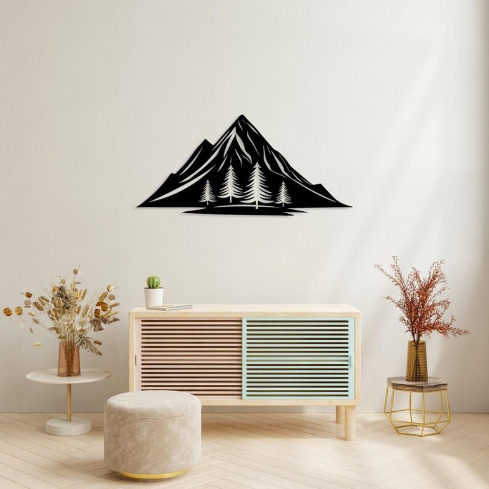Laser Cut Metal Wall Art Mountain and Pine Tree Decor for Living Room Modern Black Steel Nature Landscape Artwork 22 Inch