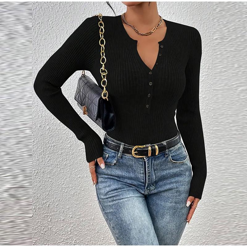 Solid Color Knitted Blouse Women Sexy V-neck Single Breasted Full Sleeve Female Pullovers 2025 Spring Autumn New Lady Fashion Pullover
