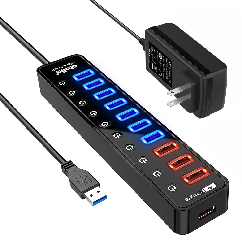 Hub with Power Atolla 7 Port 5Gbps High Speed USB Hub Expansion 4 Charging Ports USB Hub with Independent Switch 48W Power Supply USB3.0 Supply, 3.0 +