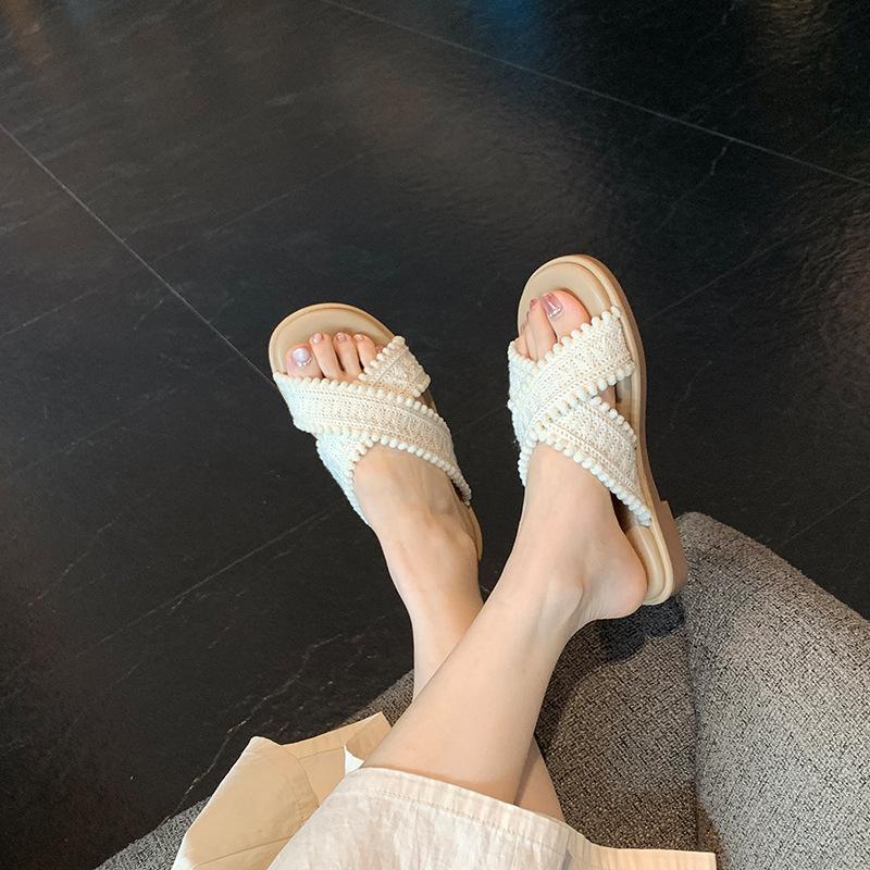 Grape mother bright color system two versions~ lazy holiday wind cross knitting ins open toe wearing cool slippers women