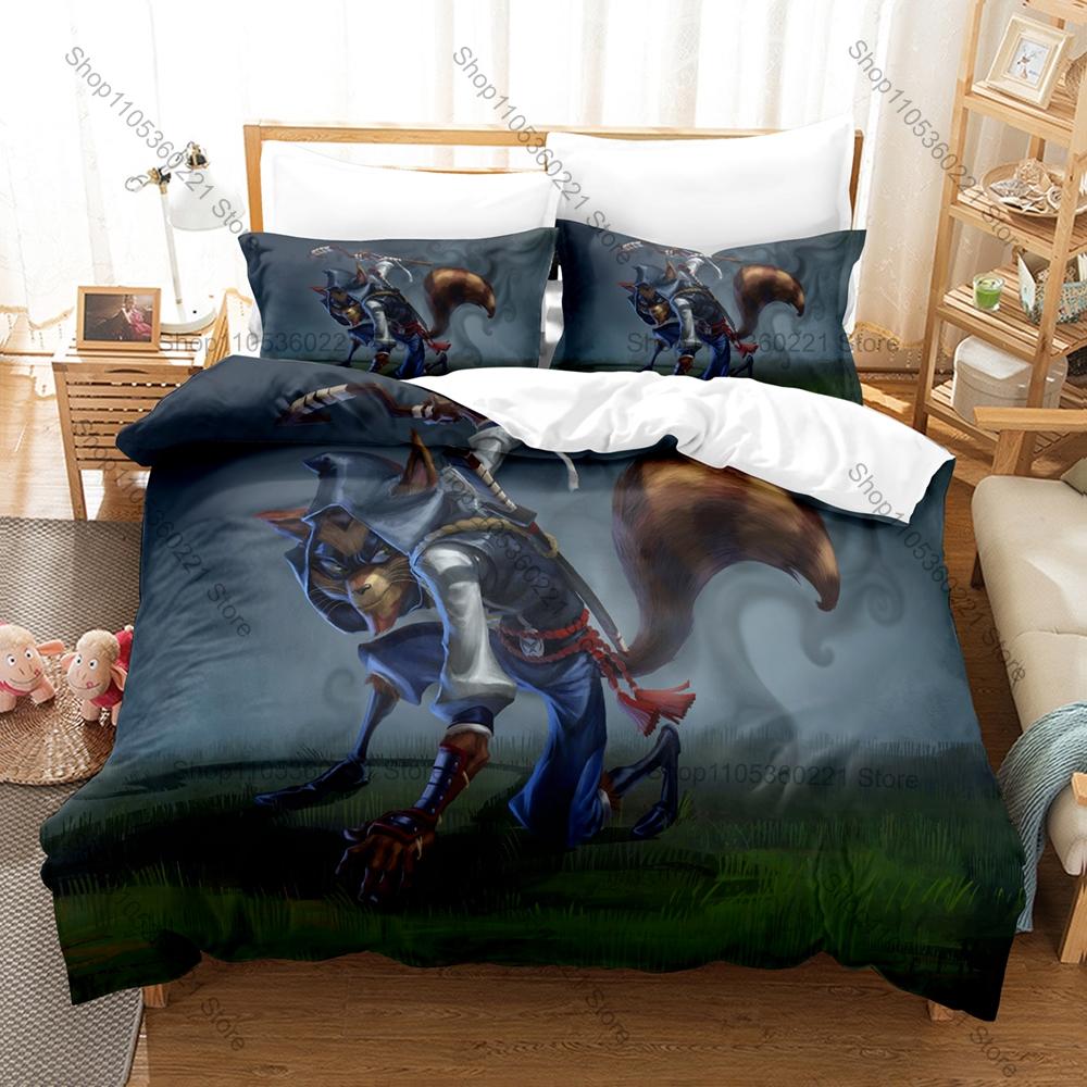Set Biancheria da Letto Gioco Retro Sly Cooper, Copripiumino & 2 Federe, Carino Motivo Procione Ladro Tessuto Traspirante Uso Stagione Singola