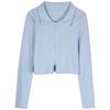 New Autumn Polo Collar Double Zipper Cardigan Long-sleeved T-shirt for Women's Design Short Cucumber Top