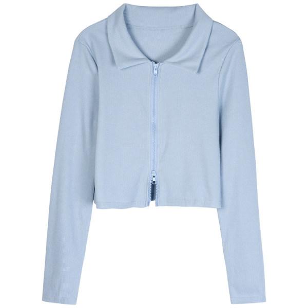 New Autumn Polo Collar Double Zipper Cardigan Long-sleeved T-shirt for Women's Design Short Cucumber Top
