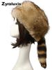 Faux Fur Hat, Round Flat Top Hat Autumn and Winter, Raccoon Tail Fluffy Warm Earflap Hat for Women