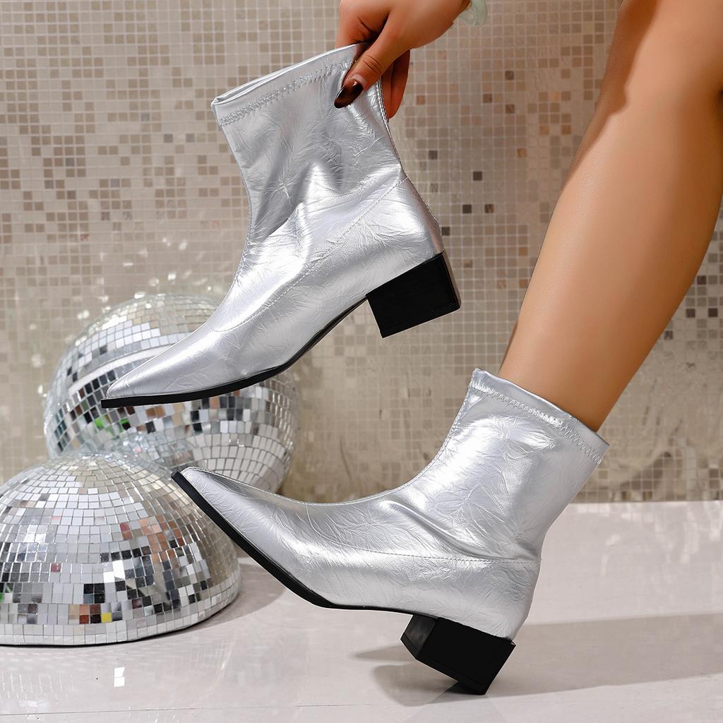 Fashion Women's Square Heel Boots Autumn and Winter 2025 French Pointy Rain Boots Solid Color Retro High-heeled Booties Zapatos Mujer