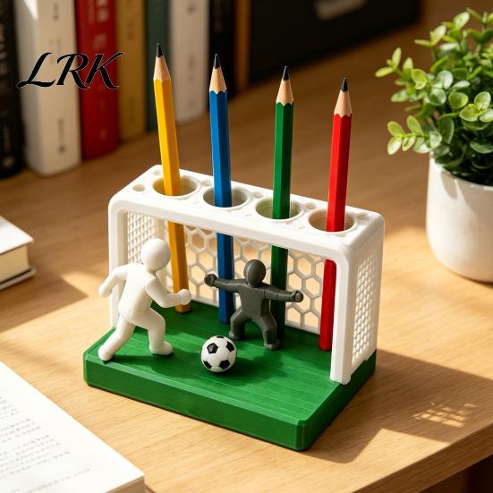Thick Texture Pen Holder Soccer Goal And Player Figure Holder, 3D Printed Sports Odorless Stationery Theme Pencil 4 Hole Desktop Organizer for