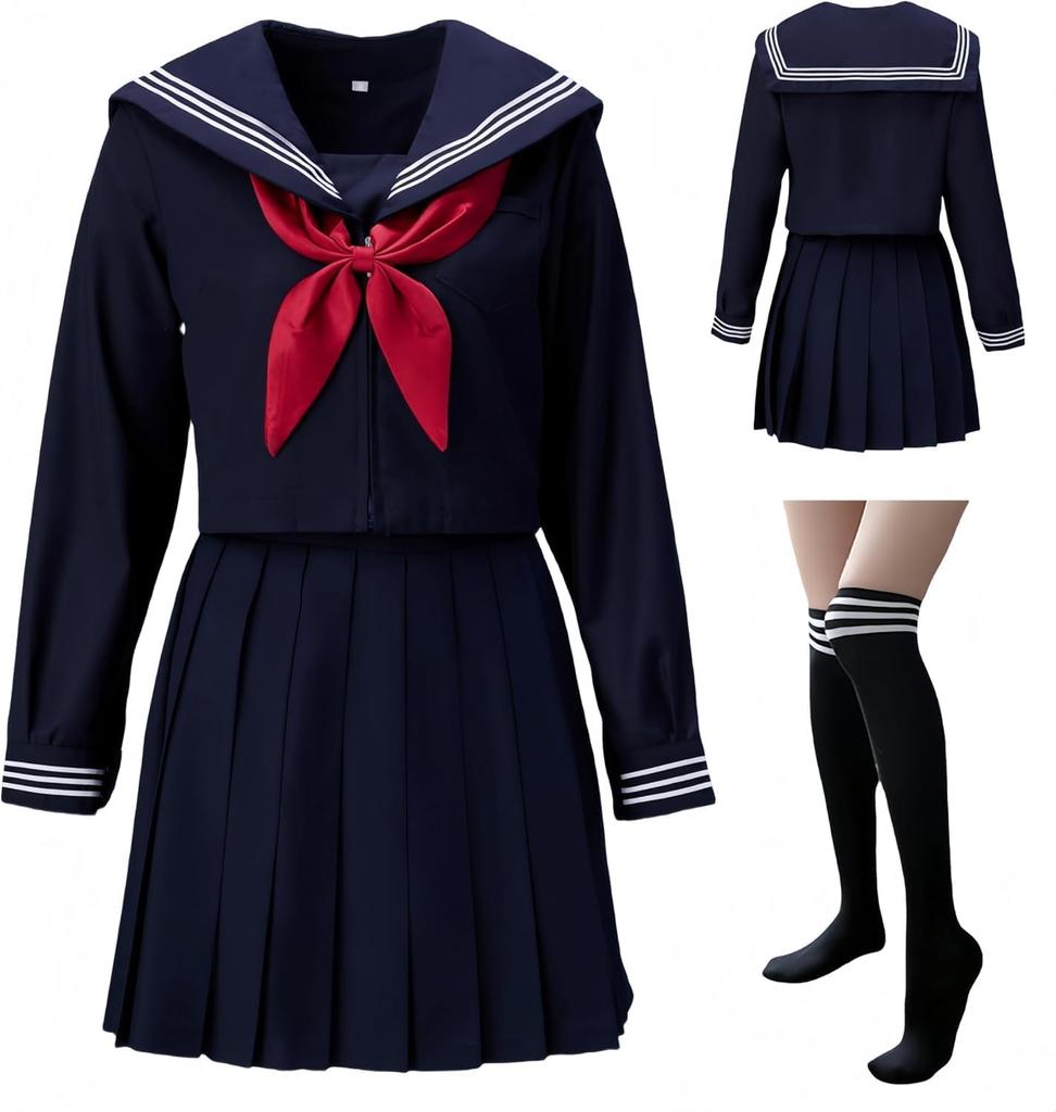 BUITVOZE Cosplay Sailor Classic High School Girl Uniform with Long Perfect for Welcome and Farewell School and Includes Long Plus Size Uniform, Navy,