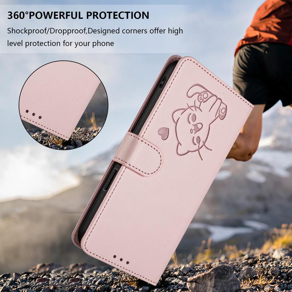 For iPhone 17 Wallet Case with Wrist Strap Love Cat Pattern Imprint Leather Phone Cover