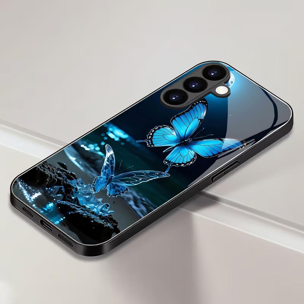 Blue Butterfly Tempered Glass Phone Case Suitable for Samsung Galaxy S26 S25 S24 S23 S22 S20 FE/Ultra/Plus Anti Drop Back Cover