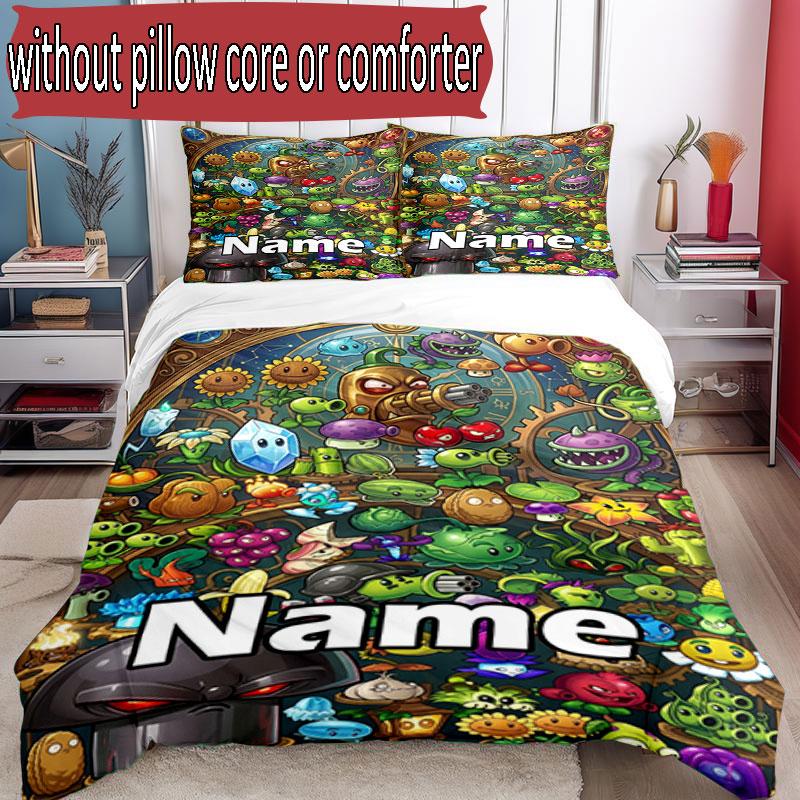 3pcs Duvet Cover Set (1*Duvet Cover + 2*Pillowcase, Without Core), Custom Name Plants VS Zombies Pattern Bedding Set, Home Bedroom Decor Gift