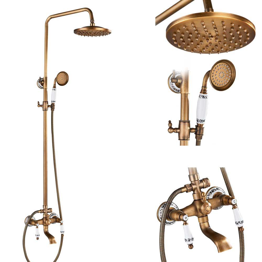 Antique Brass Shower Faucet Mixers Dual Handle Rainfall 8" Brass Shower Head with Bath Storage Shelf and Hooks Shower Water Tap