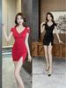 Sexy V-Ausschnitt Figurbetontes Bodycon-Kleid mit kurzen Ärmeln