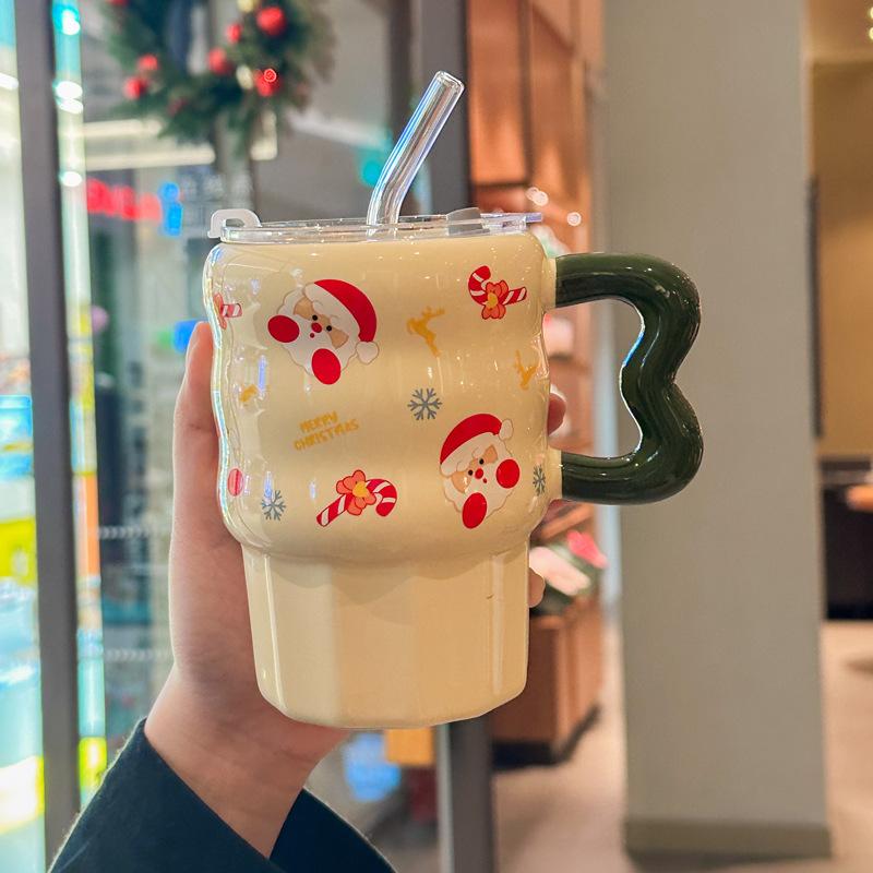 Cute Christmas Ceramic Mug with Lid for Girl's Birthday Gift High-value Straw Mug Souvenir