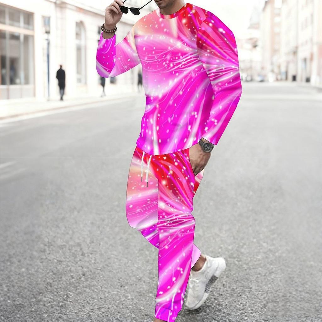 Men Rainbow Multicolor Swirl Tie Dye Style Print Long Sleeve Sweatshirt Jogger Pants Two Piece Suit
