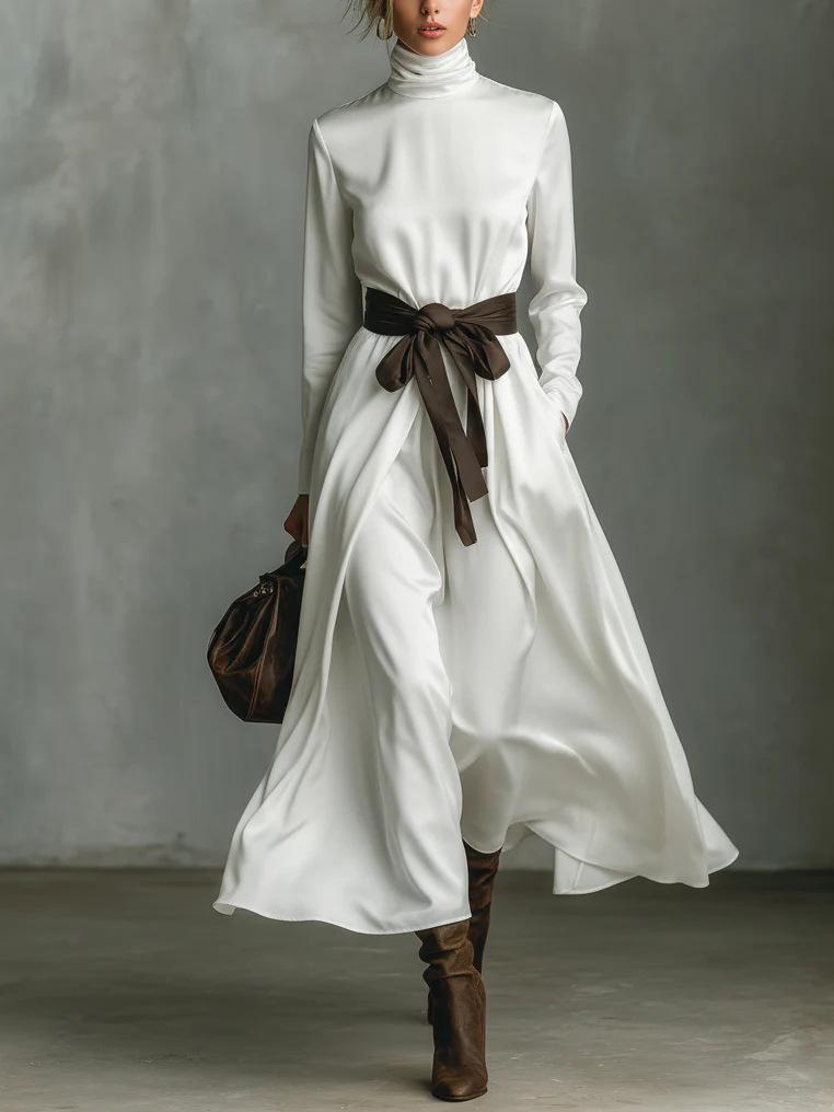 2025 Women's High Neck Long Sleeve Midi Dress with Color Block Belt