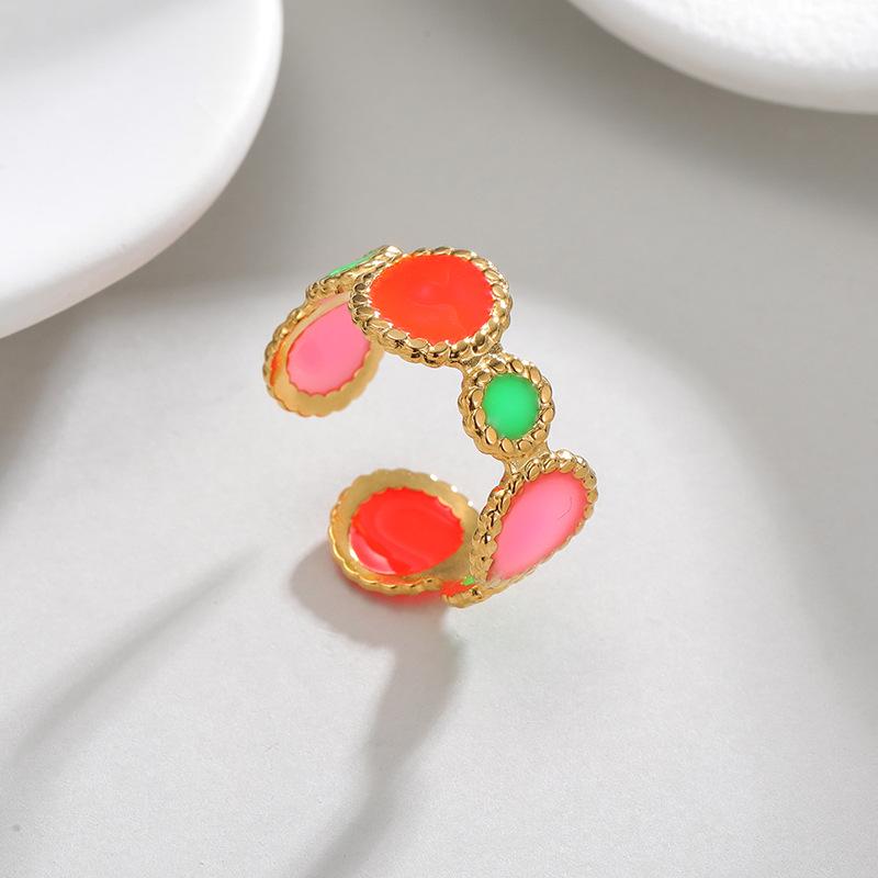 Best-Selling Retro Hong Kong Style 18K Gold Open Ring with Geometric Color Block Enamel and Colorfast Titanium Steel