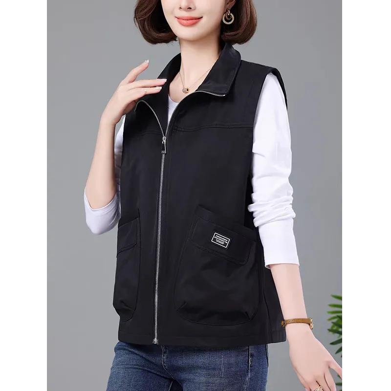 Casual Khaki Short Women's Vest Oversize Liner Sleeveless Jackets 2024 Spring Autumn Zipper Basic Waistcoat Female Outerwear