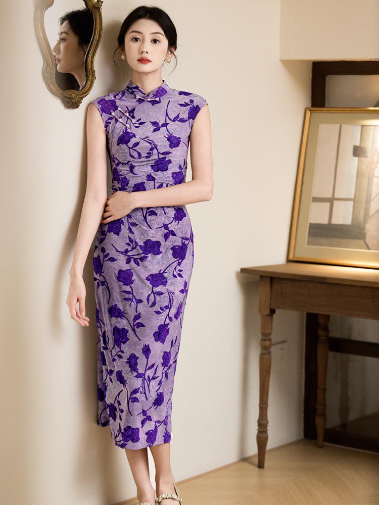 Exquisite 2025 Summer Rose Print Purple Qipao - New Chinese Style Dress for Young Girls