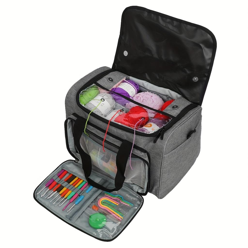 Large Capacity Yarn Knitted Tote Bag Multi-Pocket Crochet Accessory Organizer with Nylon Shoulder Straps for Home Travel