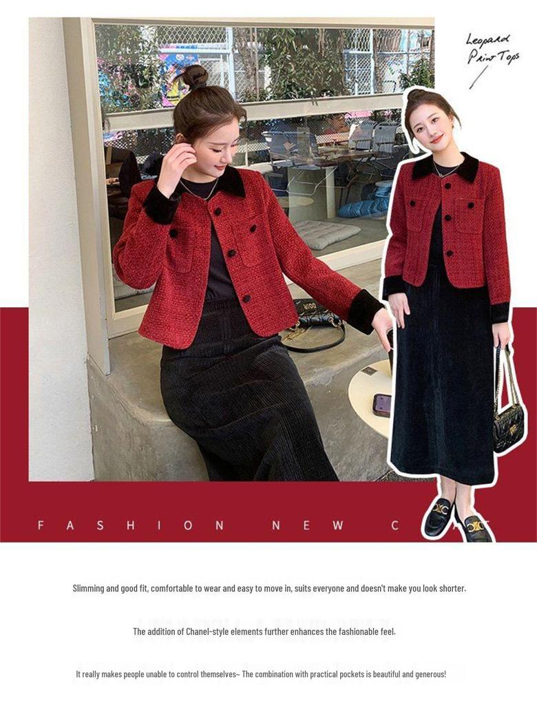 2025 Elegant Petite Red Wool Jacket - Felt French-Korean Style for Women