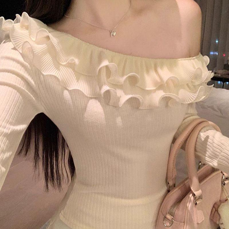 2025 Pure Desire One-Shoulder Patchwork Long-Sleeve Slim-Fit Women's Top - Autumn/Winter Style