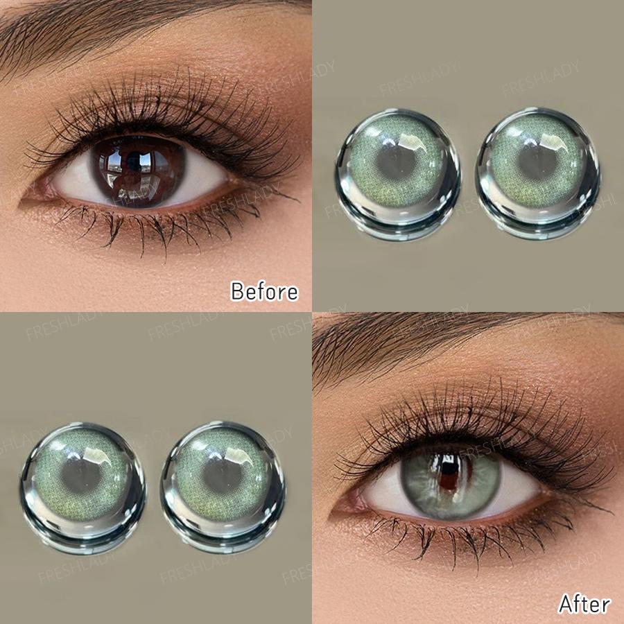 Freshlady 1 Pair 2pc 14.20mm Yearly Disposable Colored Contact Lenses, Comfortable Soft Lenses in Green, Blue, Gray, Silver-Gray for Makeup