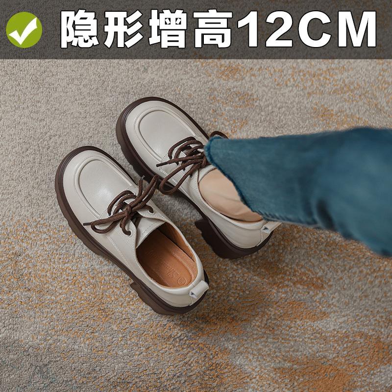 Inner height increase 12cm black women's platform British versatile lace-up small leather shoes small size single shoes women's small size 32