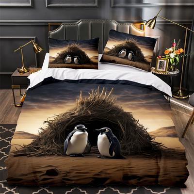 2/3-teiliges Pinguin-Bettwäscheset 3D-Musterdruck, Weich und gesund Hautfreundlich, Bettwäscheset*1+Kissenbezug*1/2, Ohne Füllung