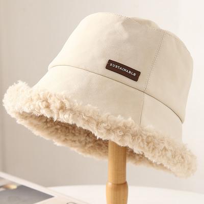 Retro Versatile Simple Solid Color Fisherman Hat Children Winter Warm Cold Suede Lamb Wool Plush Basin Hat