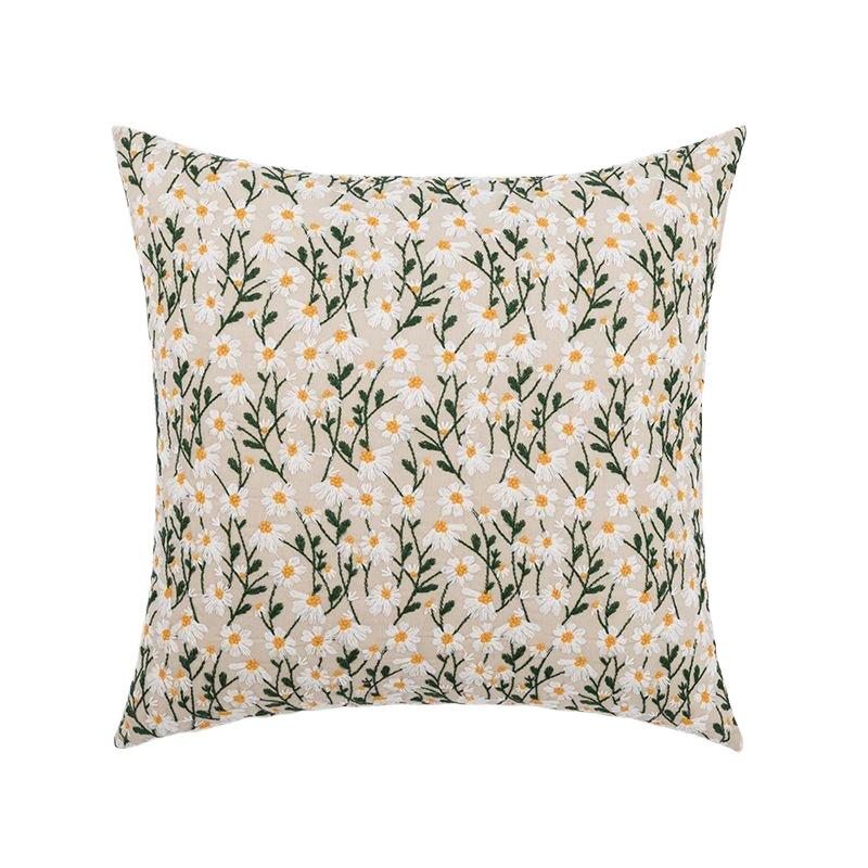 Embroidered Daisy Floral Cushion Cover, Pastoral Style, Removable & Washable for Homestay or Bay Window Decor.