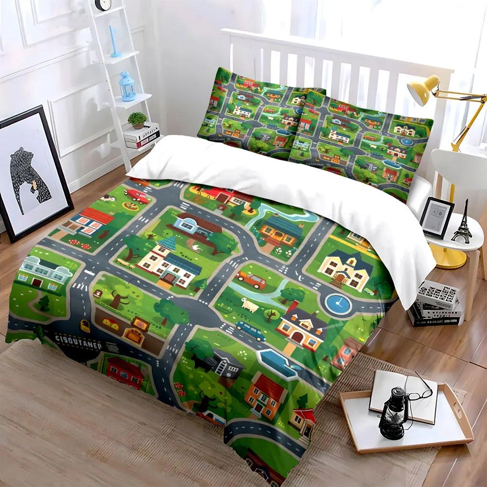 "Kids Playroom Road Map Set" Soft Comfortable Duvet Cover Bedding Set Included 1*Duvet Cover & 2*Pillowcases gift
